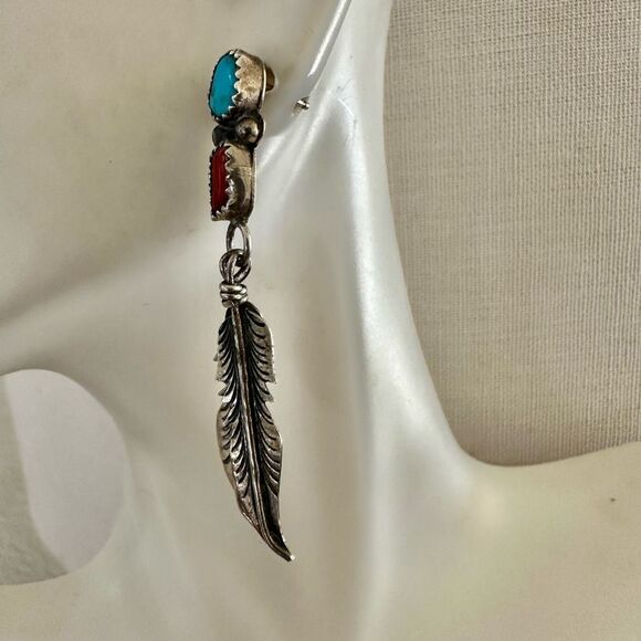 Vintage Sterling Silver Turquoise & Coral Feather Dangle Earrings - Picture 3 of 9